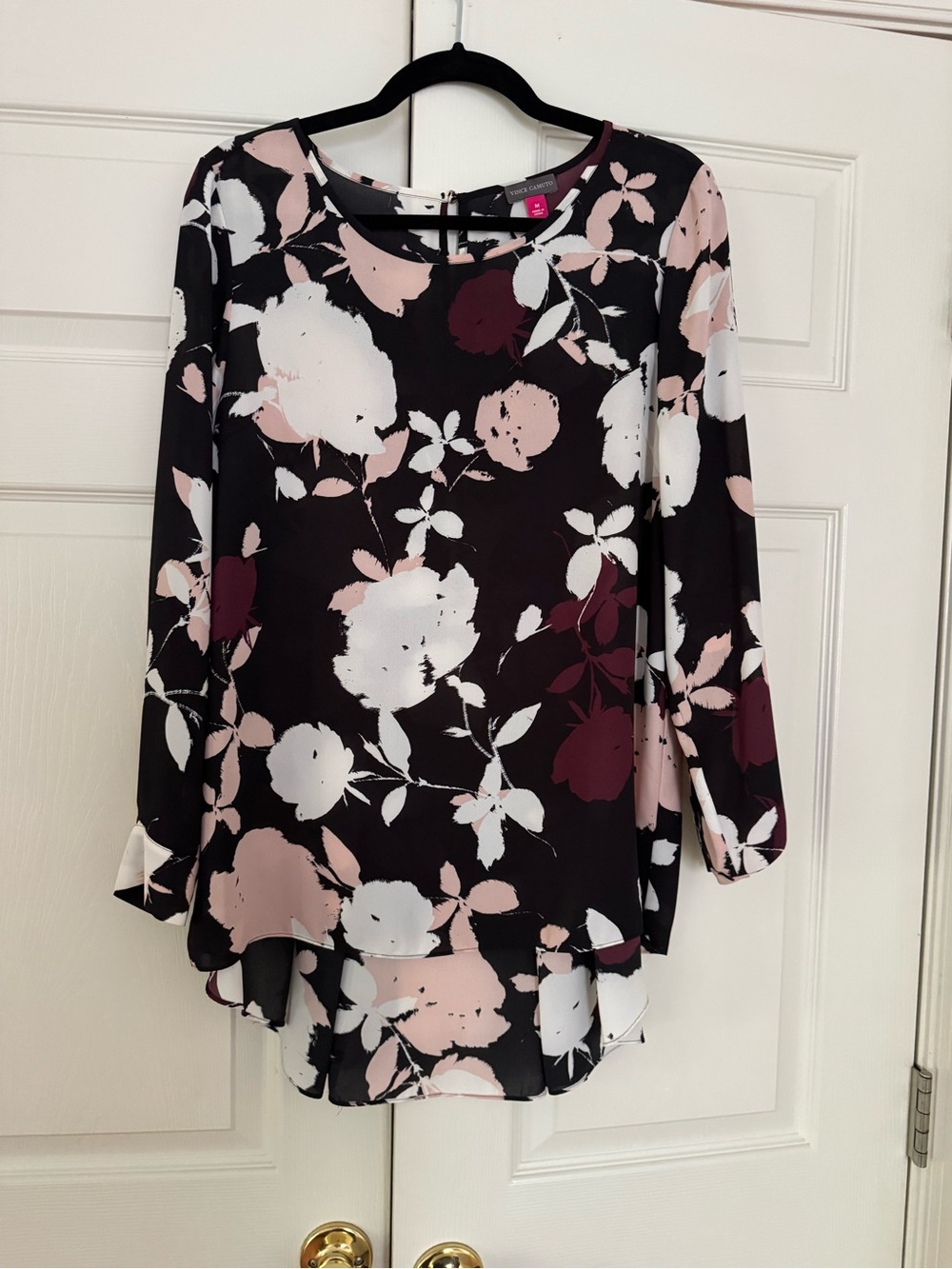 Vince Camuto Black Floral Blouse with Pink, White & Burgundy Accents
